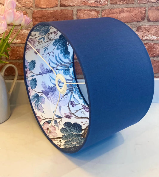 Dark Blue Linen Lamp Shade with Chinoiserie Crane Lining | 40cm
