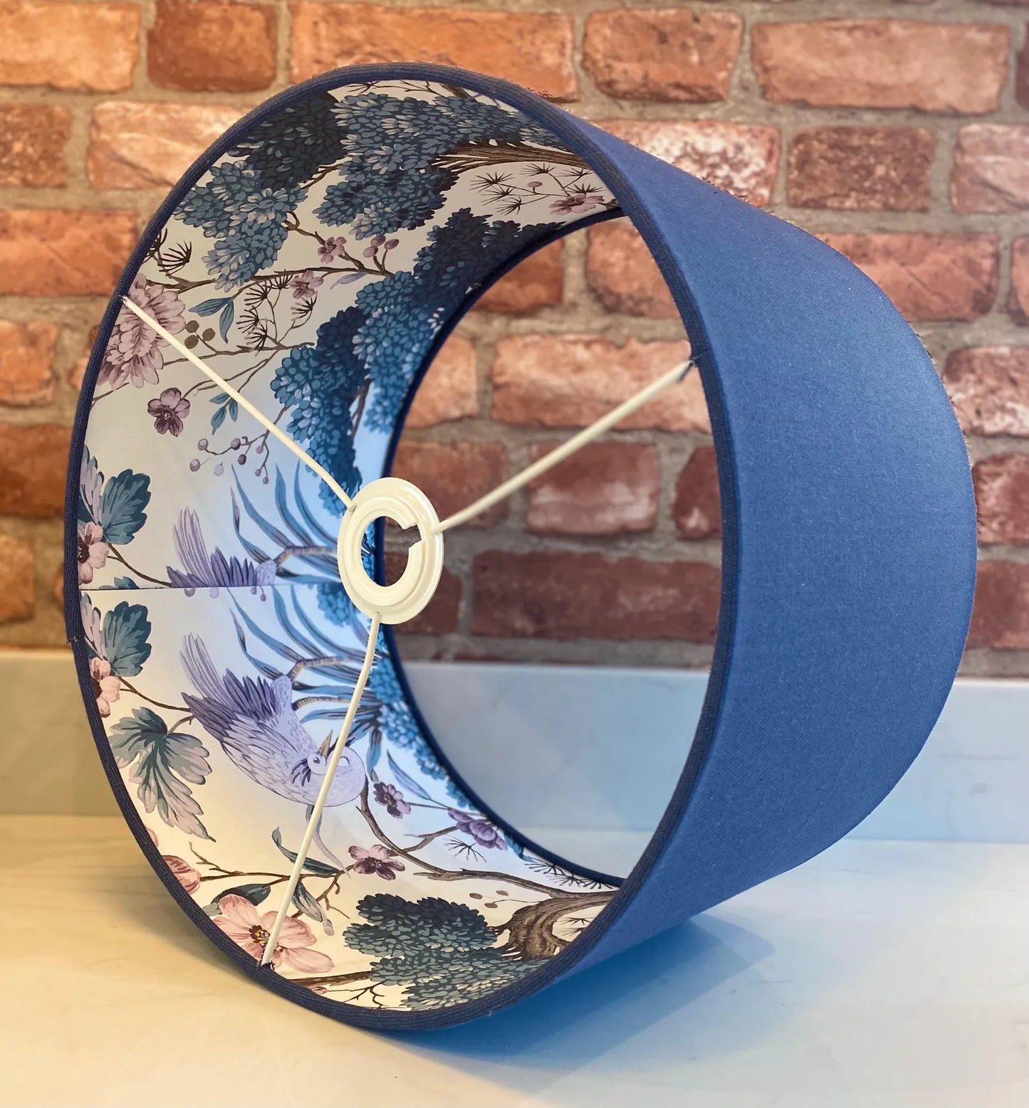 Dark Blue Linen Lamp Shade with Chinoiserie Crane Lining | 40cm