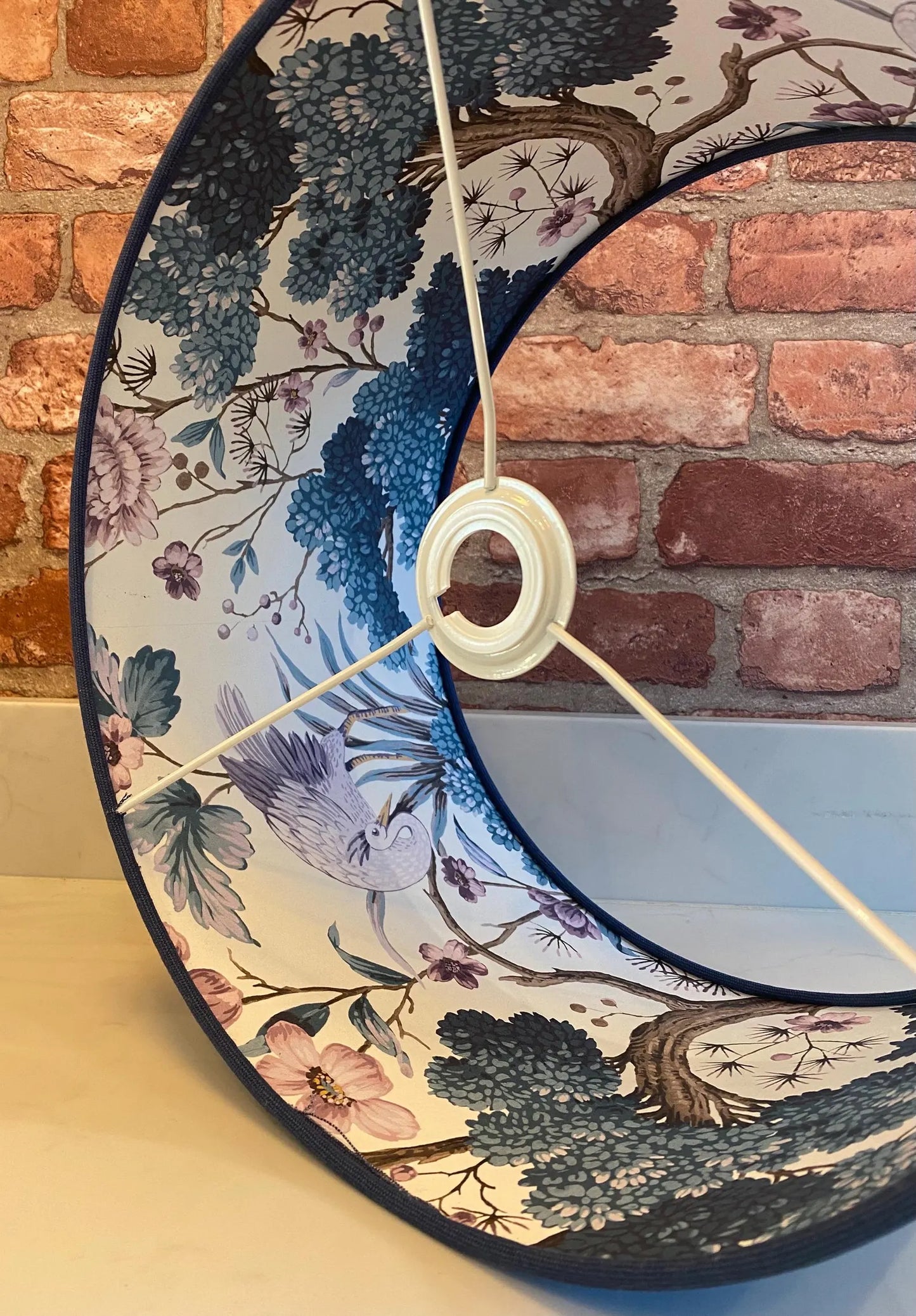 Dark Blue Linen Lamp Shade with Chinoiserie Crane Lining | 40cm