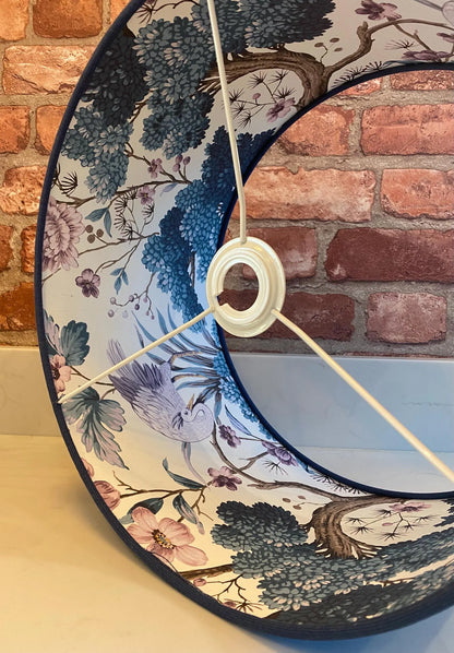 Dark Blue Linen Lamp Shade with Chinoiserie Crane Lining | 40cm