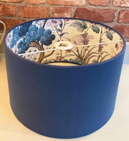 Dark Blue Linen Lamp Shade with Chinoiserie Crane Lining | 40cm