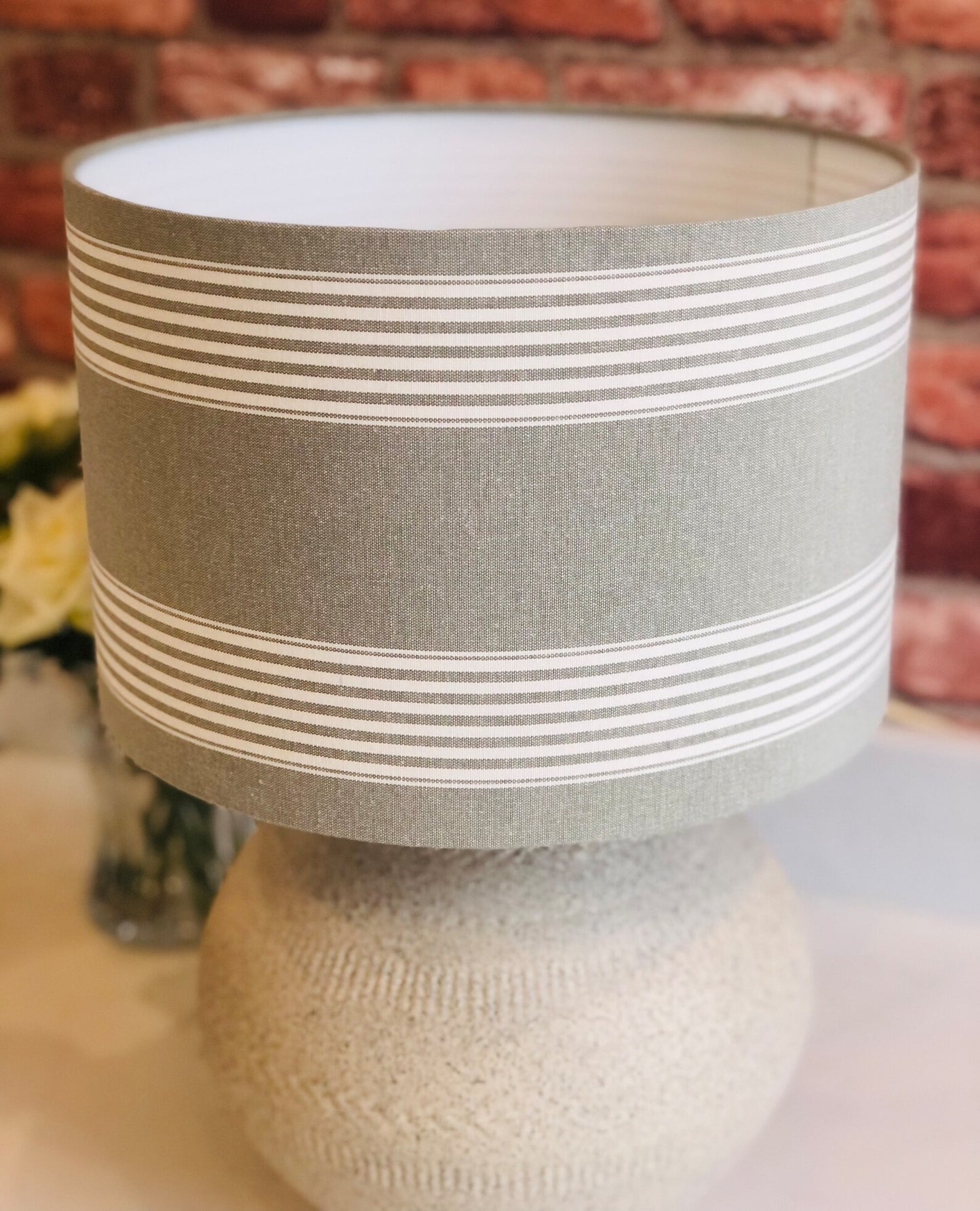 Natural Linen Stripe Lamp Shade with Sage Green | 40cm