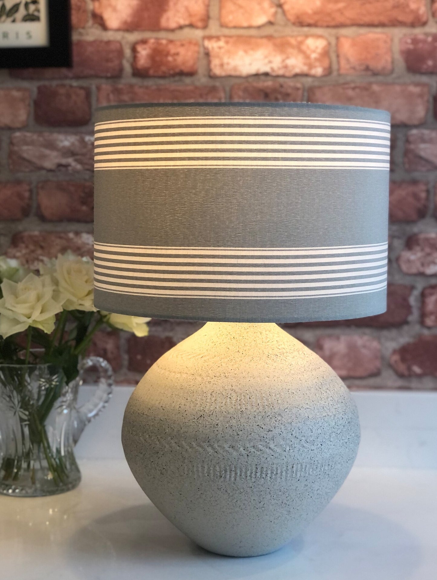 Natural Linen Stripe Lamp Shade with Sage Green | 40cm