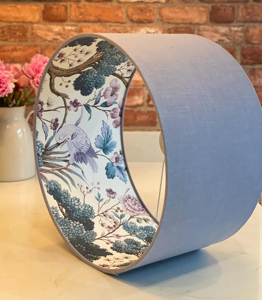 Pale Blue Linen Lamp Shade with Chinoiserie Crane Lining | 40cm