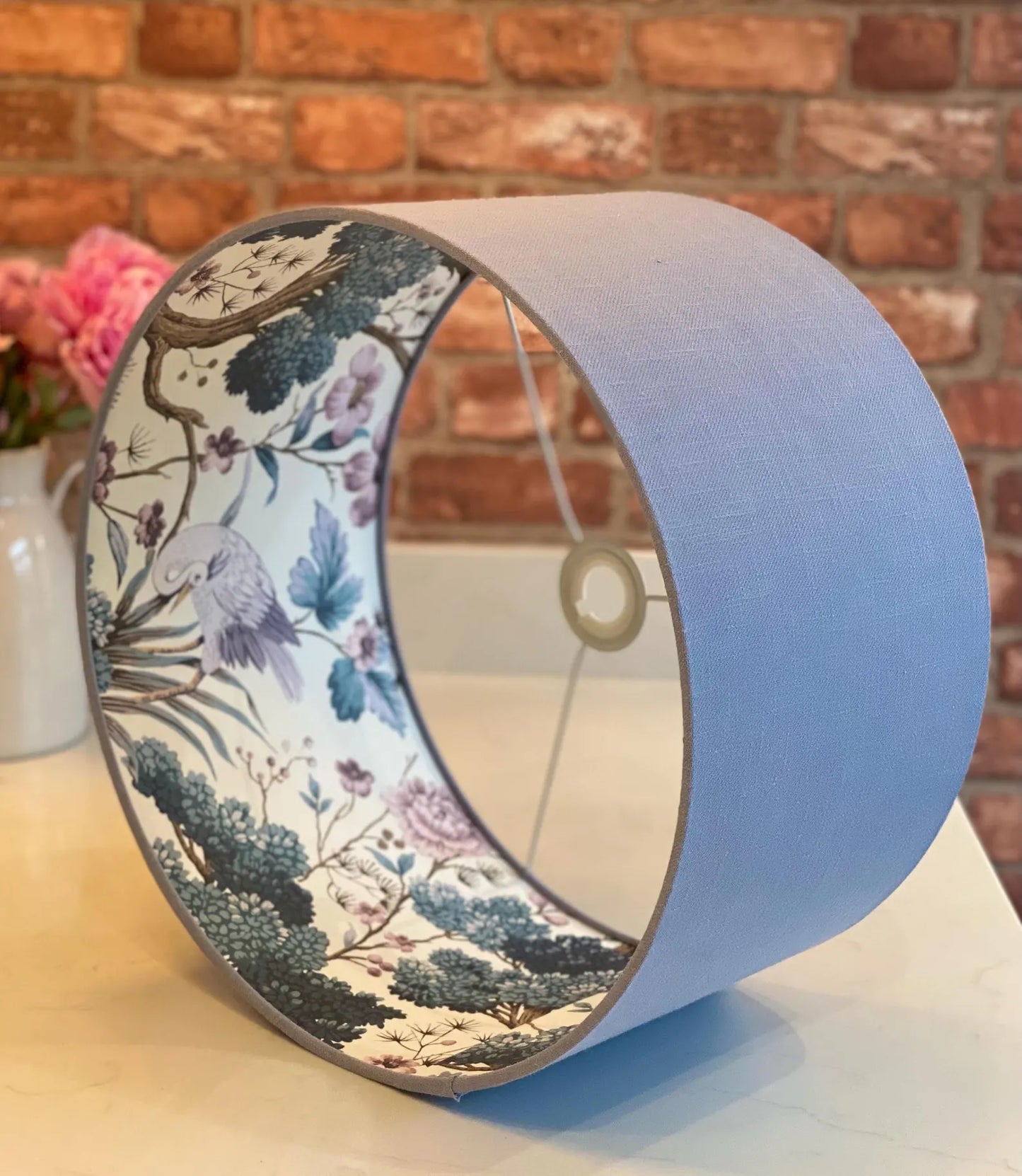 Pale Blue Linen Lamp Shade with Chinoiserie Crane Lining | 40cm