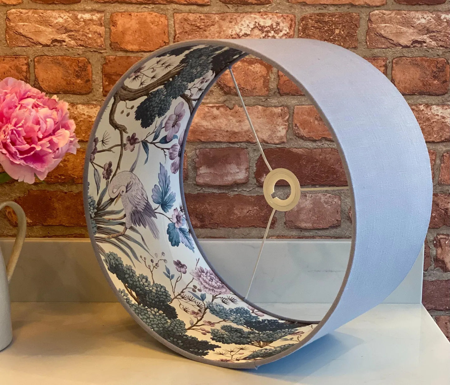 Pale Blue Linen Lamp Shade with Chinoiserie Crane Lining | 40cm