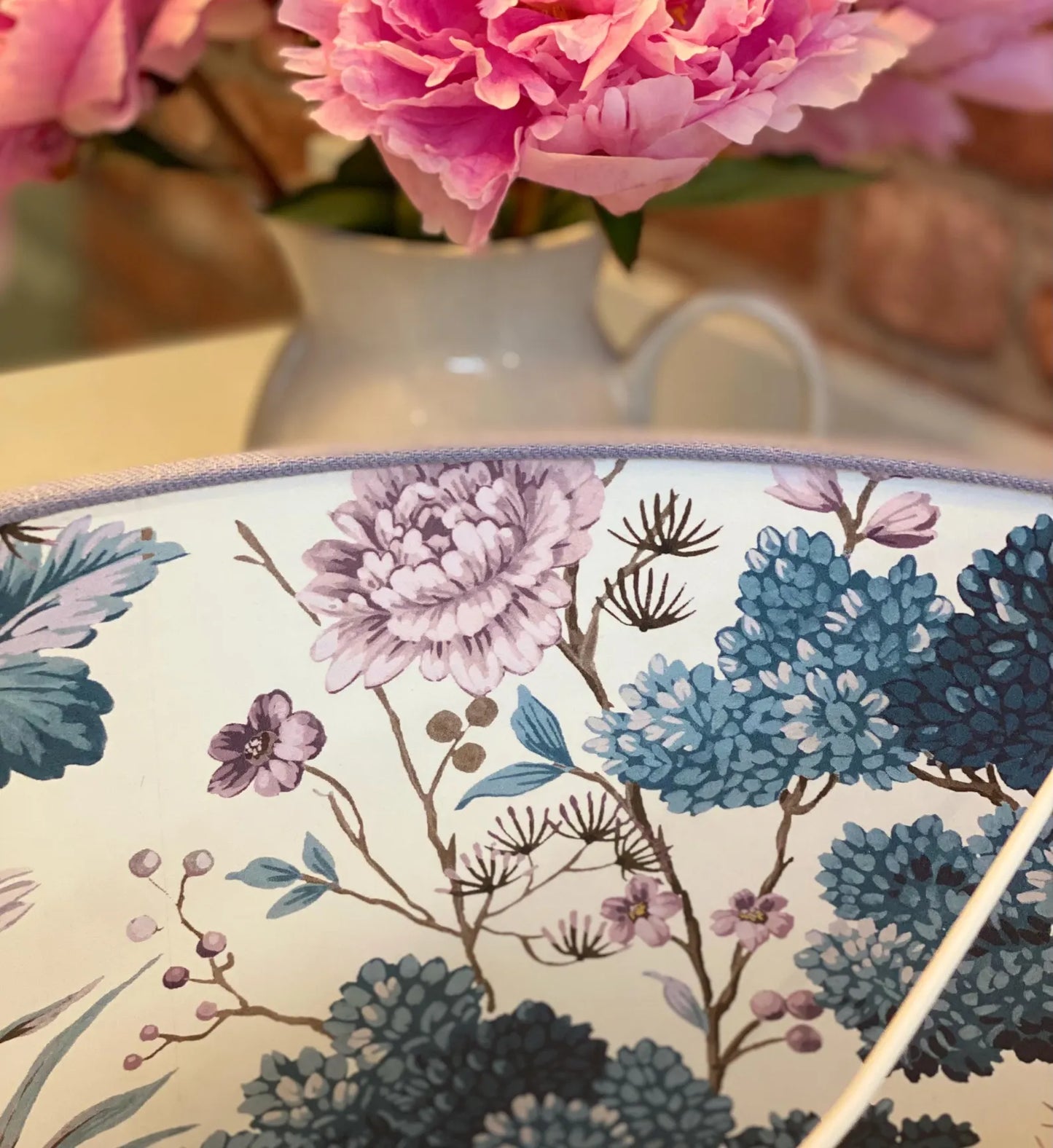 Pale Blue Linen Lamp Shade with Chinoiserie Crane Lining | 40cm